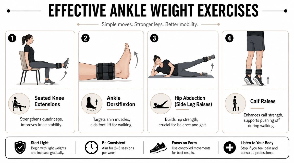 A four-step infographic illustrating effective ankle weight exercises for strengthening legs and improving mobility.