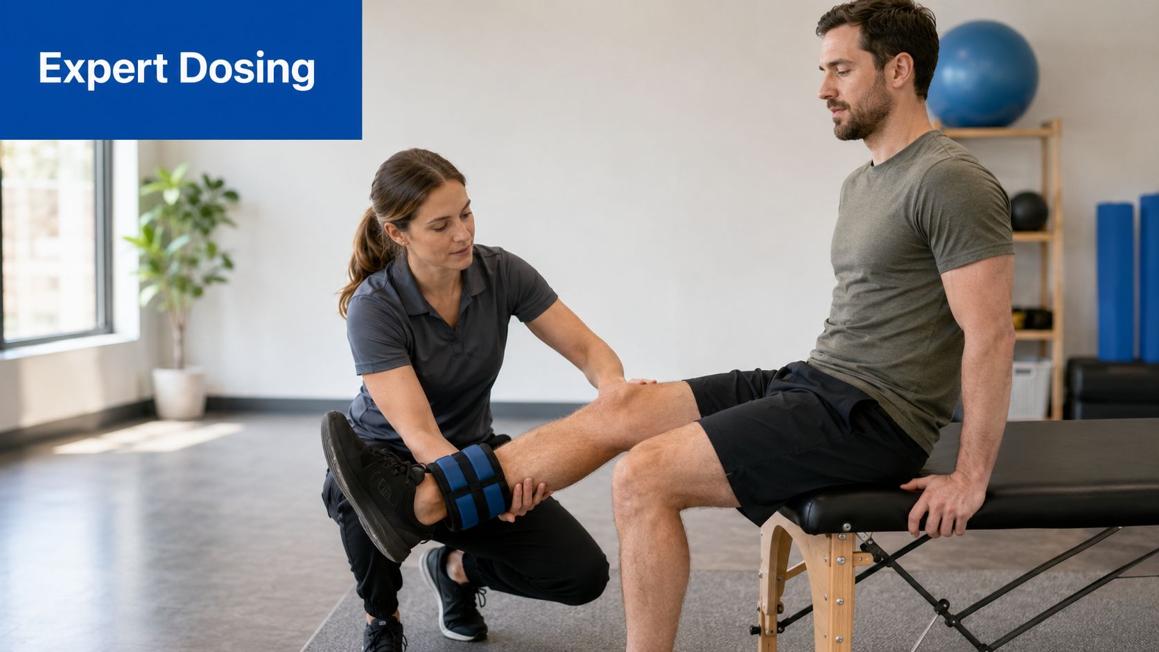 A physical therapist assists a patient with a leg exercise using ankle weights on a therapy table.
