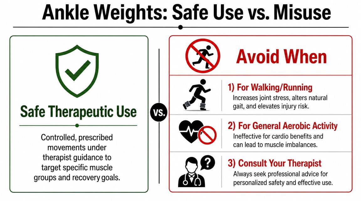 An infographic titled Ankle Weights Safe Use vs Misuse, listing precautions for safe therapeutic exercise applications.