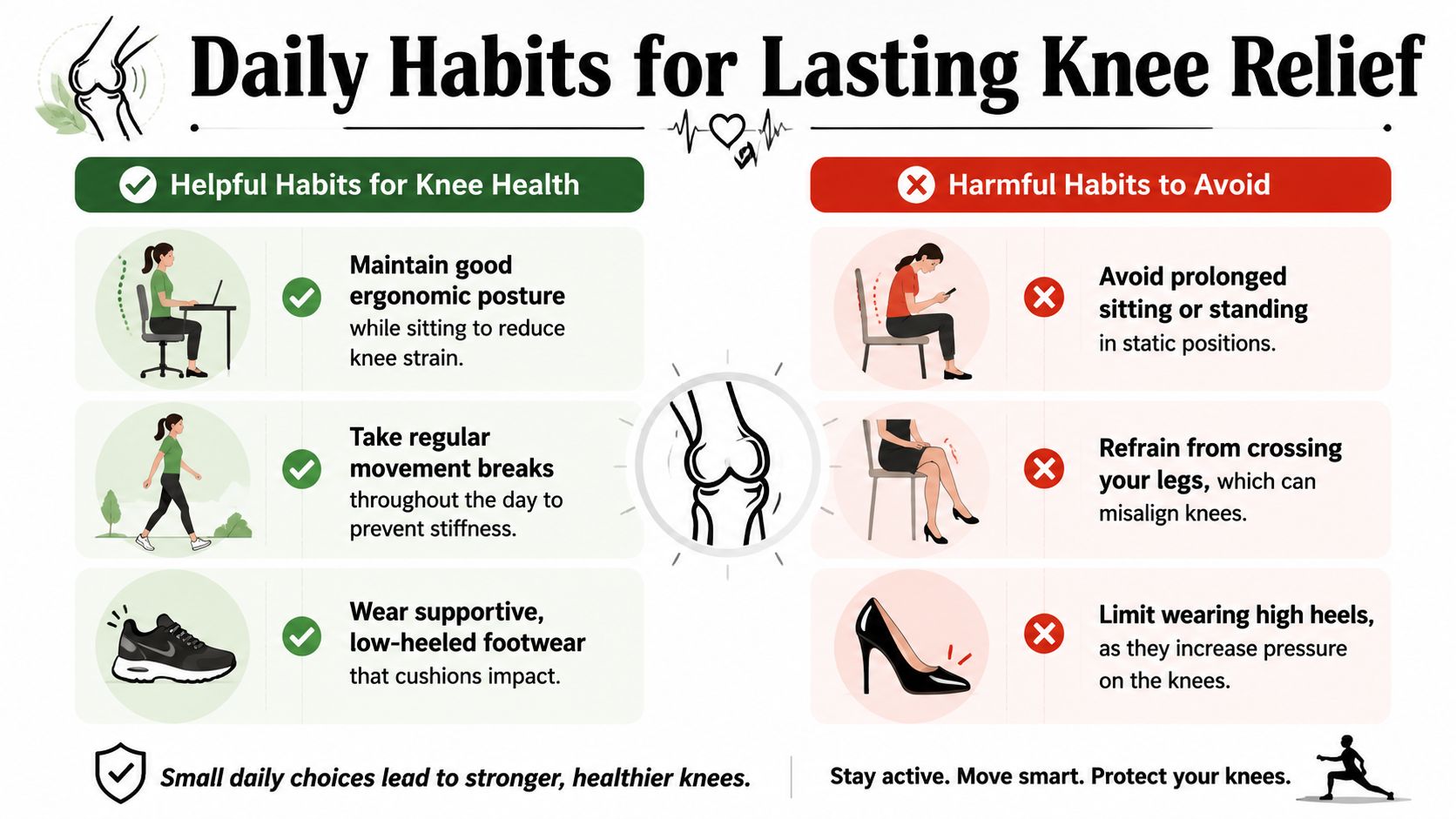 An infographic detailing helpful and harmful daily habits for maintaining long-term knee health and pain relief.