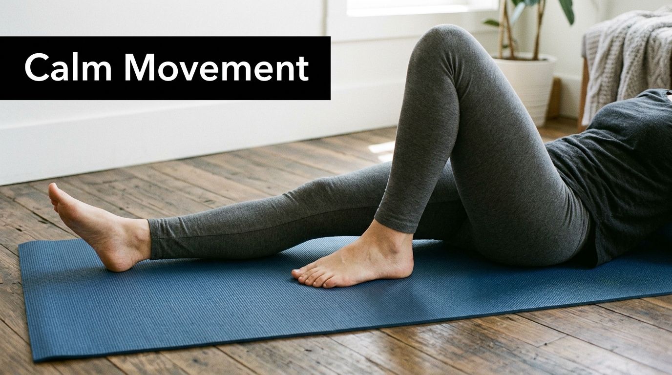 A person lying on a blue yoga mat performing a gentle leg exercise on a hardwood floor.