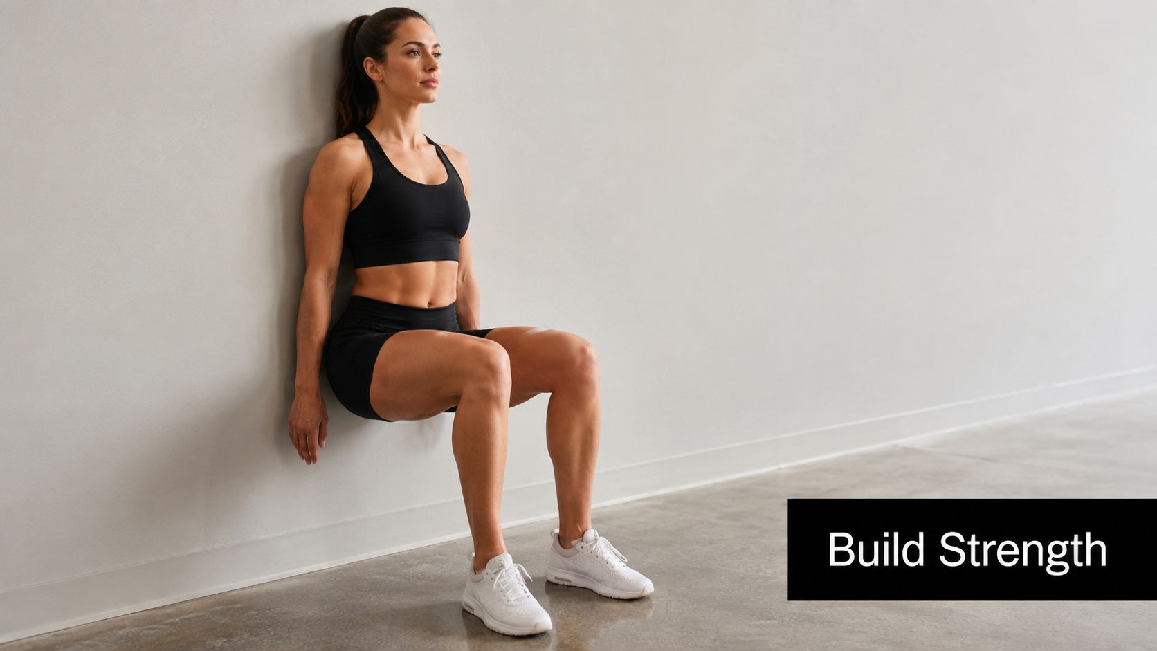 A fit woman in athletic wear performing a wall sit exercise against a plain wall for strength.
