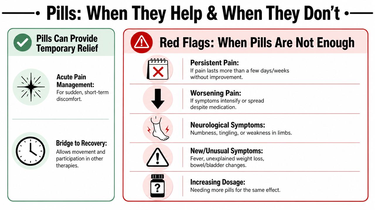 An infographic titled Pills: When They Help and When They Don't describing when to use medication.