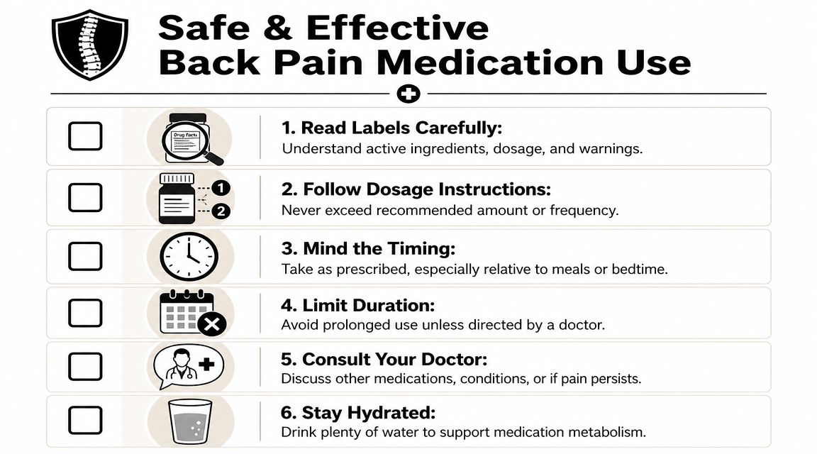 An infographic titled Safe and Effective Back Pain Medication Use with six numbered safety tips.