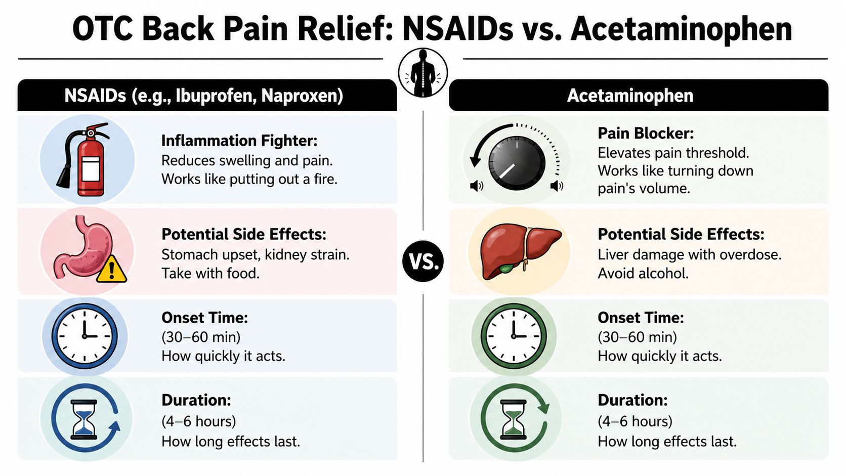 A comparison chart showing how NSAIDs and Acetaminophen relieve back pain, including side effects and dosage timing.