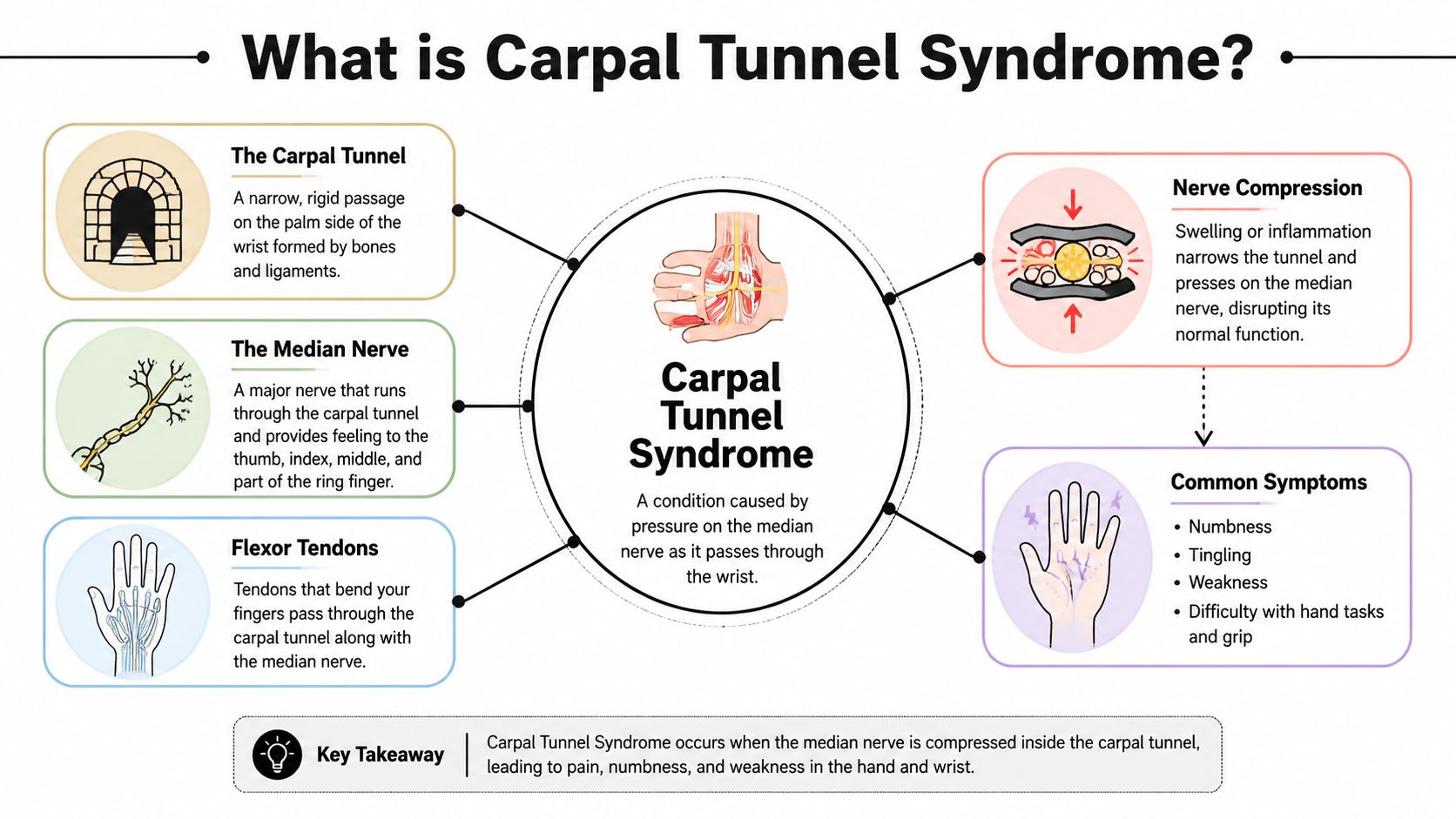 An infographic explaining Carpal Tunnel Syndrome, its anatomical causes, nerve compression, and common symptoms in the hand.