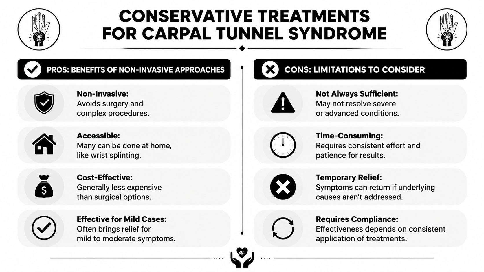 An infographic detailing the pros and cons of non-invasive conservative treatments for carpal tunnel syndrome symptoms.