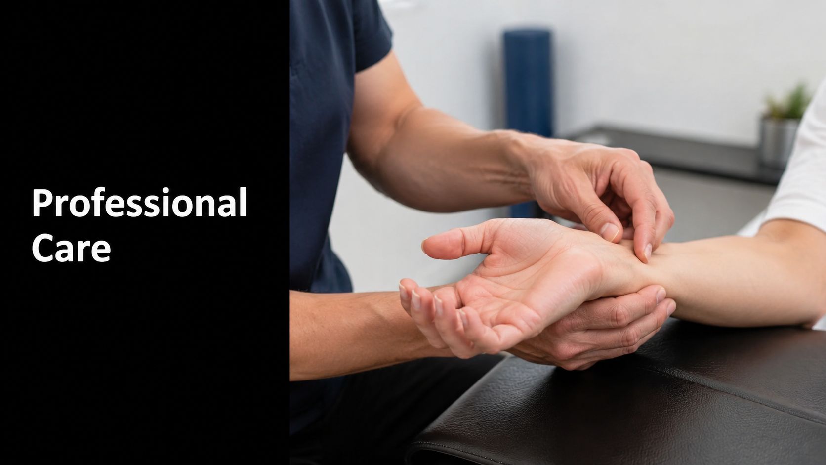 A professional physical therapist performing an examination of a patient's wrist at a clinic.