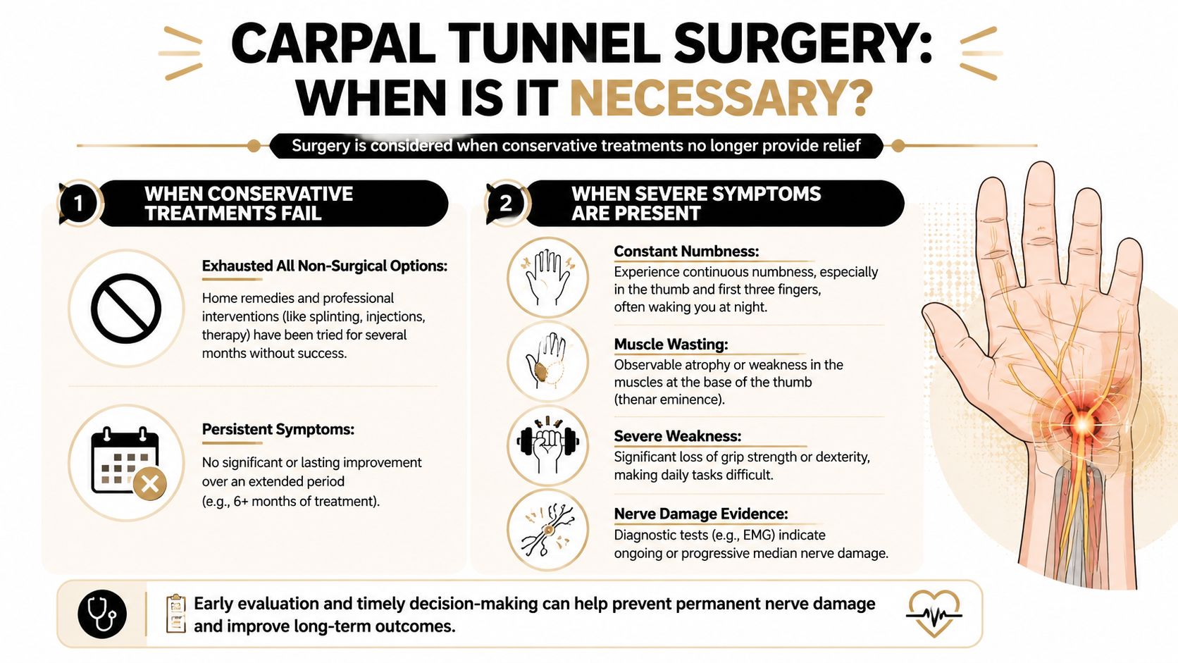 An infographic explaining when surgery is necessary for carpal tunnel syndrome, including symptoms and failed treatment signs.