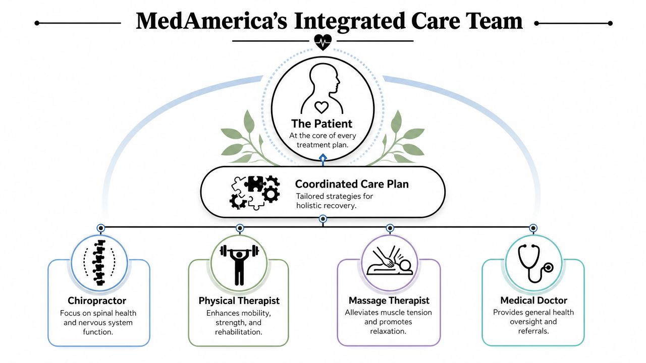 An infographic showing MedAmerica's integrated care team with a patient at the center of the treatment plan.