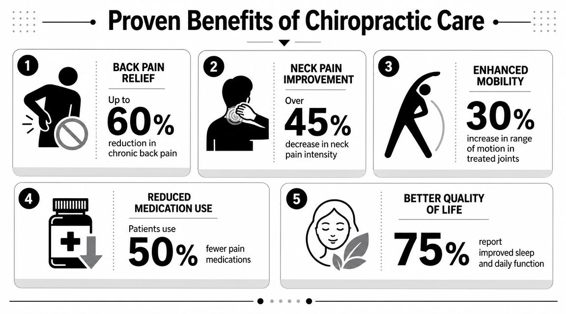 An infographic titled Proven Benefits of Chiropractic Care listing five key health improvements using numerical data points.