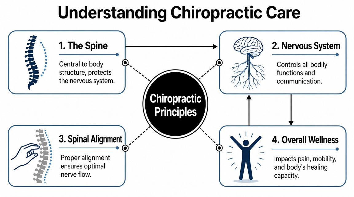 A diagram illustrating the four core principles of chiropractic care including the spine, nervous system, and wellness.