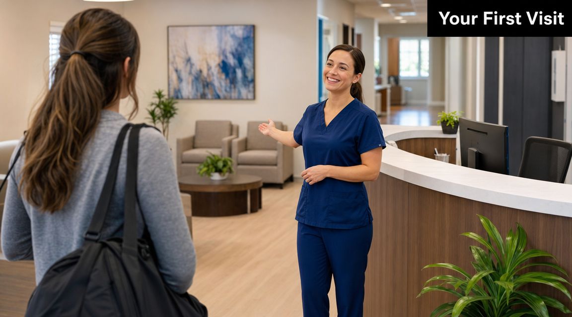 A friendly receptionist in blue scrubs welcomes a patient to a clean, modern chiropractic health center.