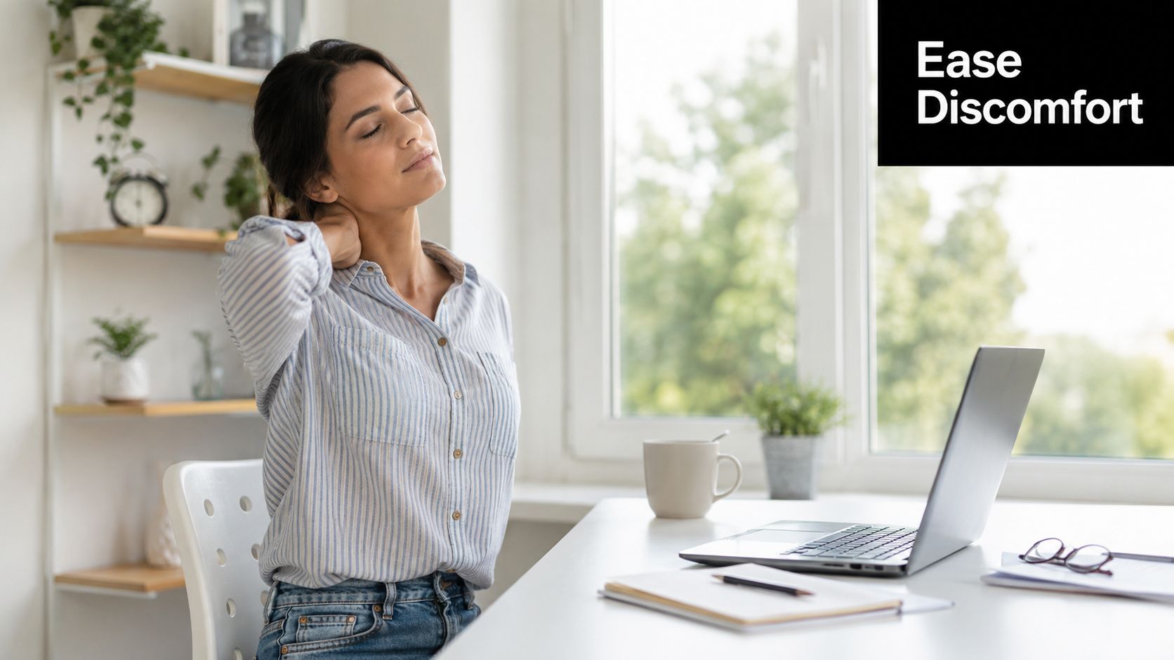 A woman experiencing neck pain while sitting at her desk, symbolizing the need for chiropractic care.