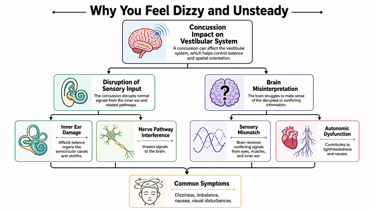 A flowchart explaining why concussions cause dizziness and unsteadiness through vestibular system damage and sensory processing issues.