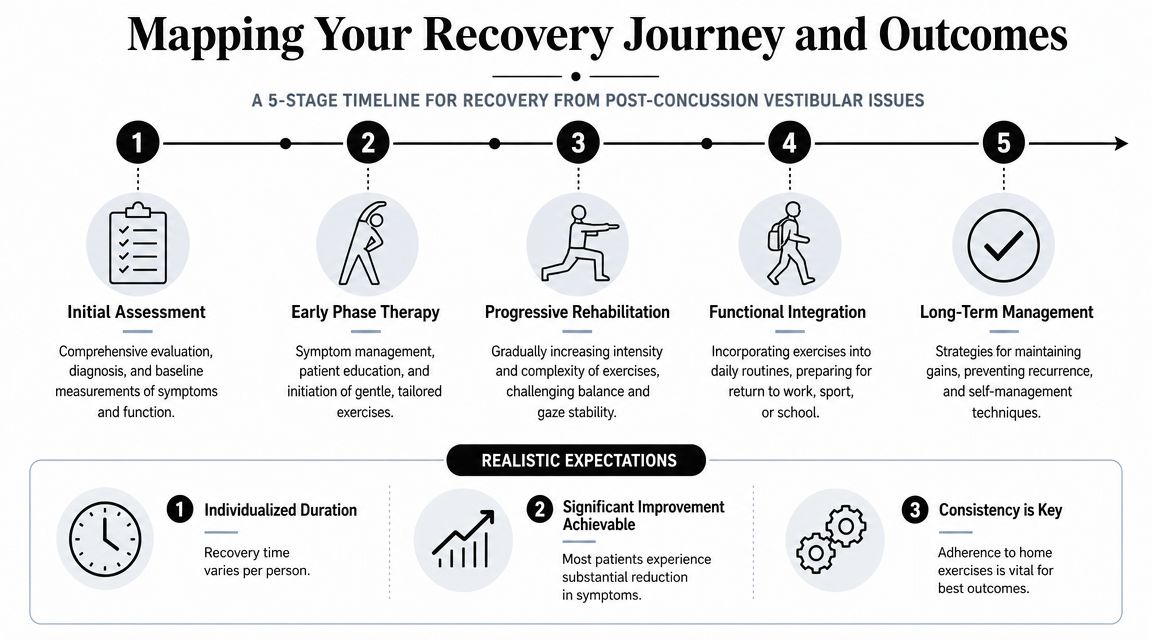 A 5-stage timeline infographic for recovery from post-concussion vestibular issues including assessment, therapy, and management strategies.