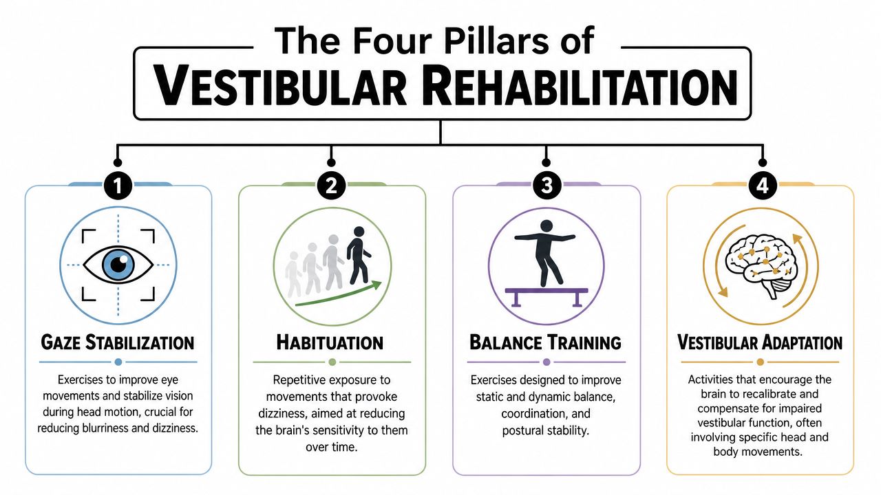 An infographic detailing the four pillars of vestibular rehabilitation, including gaze stabilization, habituation, balance training, and vestibular adaptation.