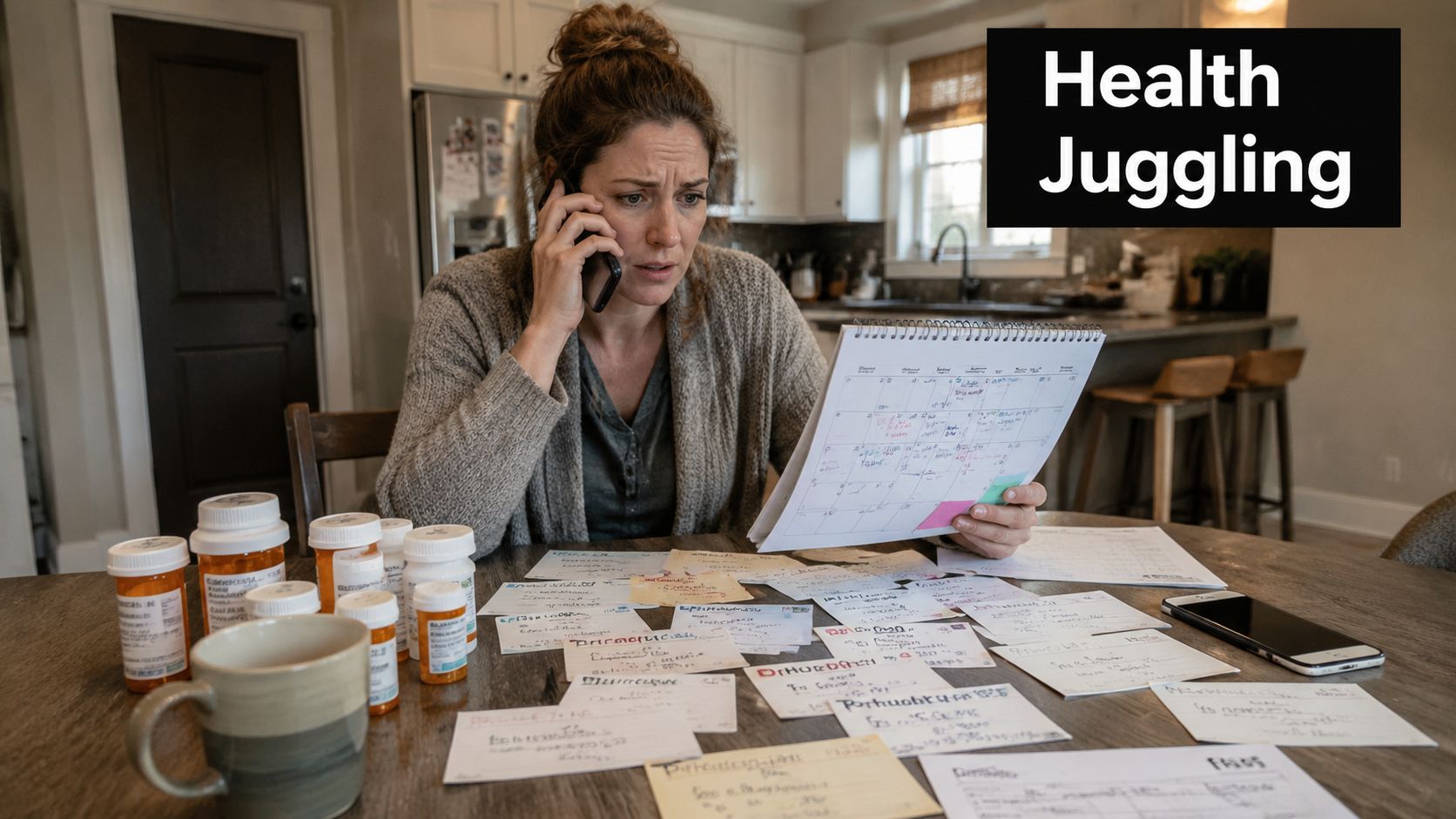 A concerned woman juggling health care responsibilities while managing medication, scheduling, and phone calls at home.