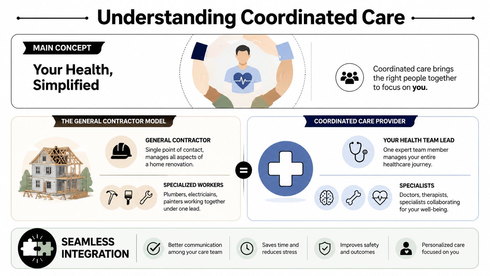 An infographic illustrating the coordinated care provider model, comparing healthcare management to a general contractor overseeing a home renovation.