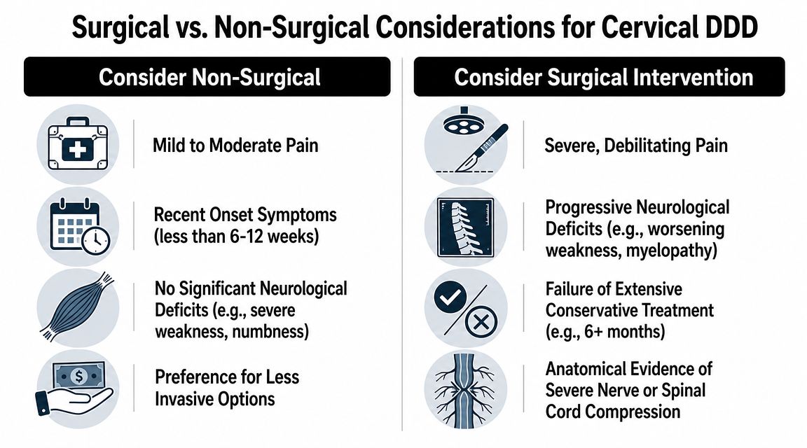 A comparison chart outlining factors for considering non-surgical versus surgical treatment for cervical degenerative disc disease.