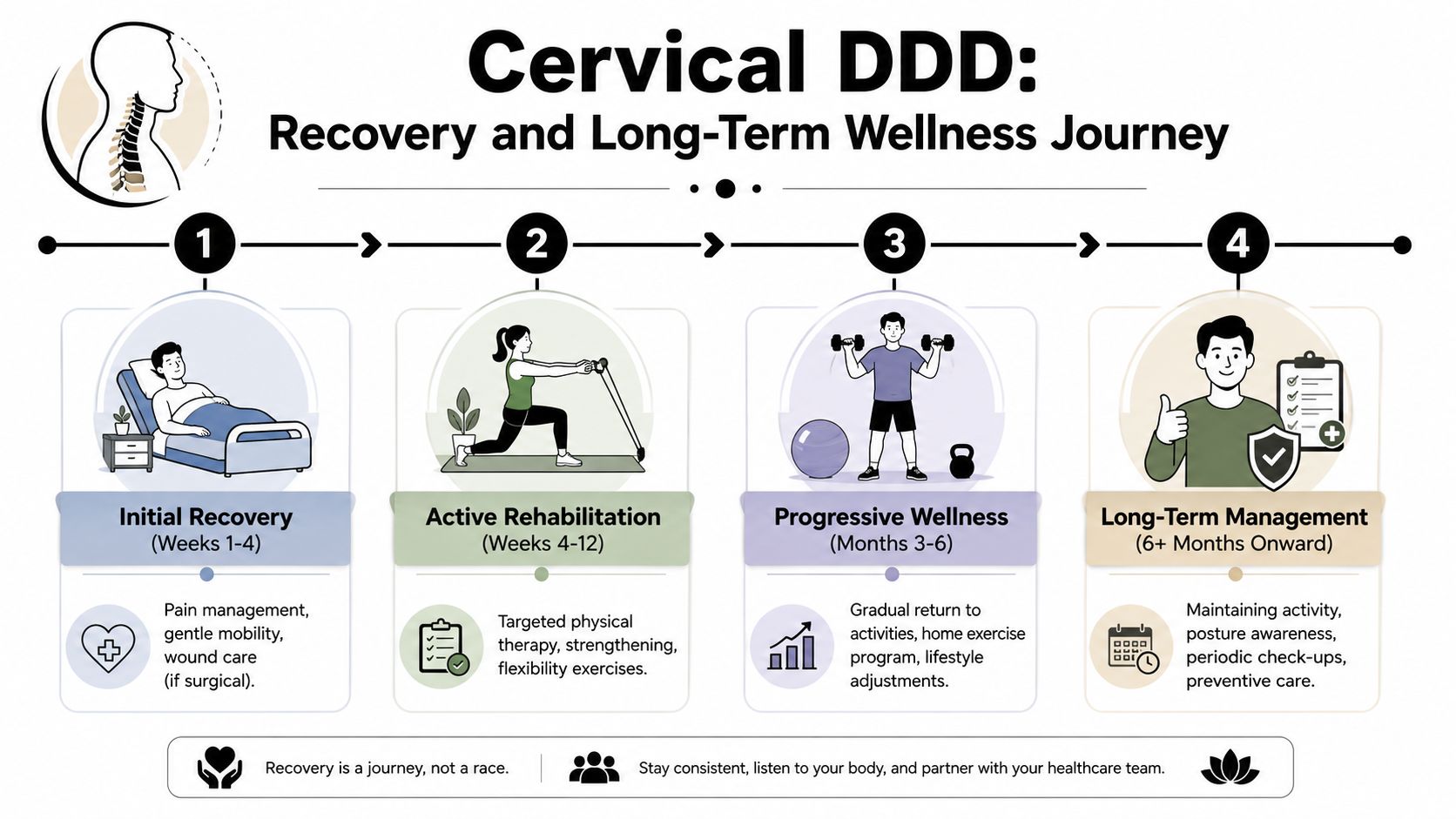An infographic showing the four stages of recovery and long-term wellness for cervical degenerative disc disease patients.