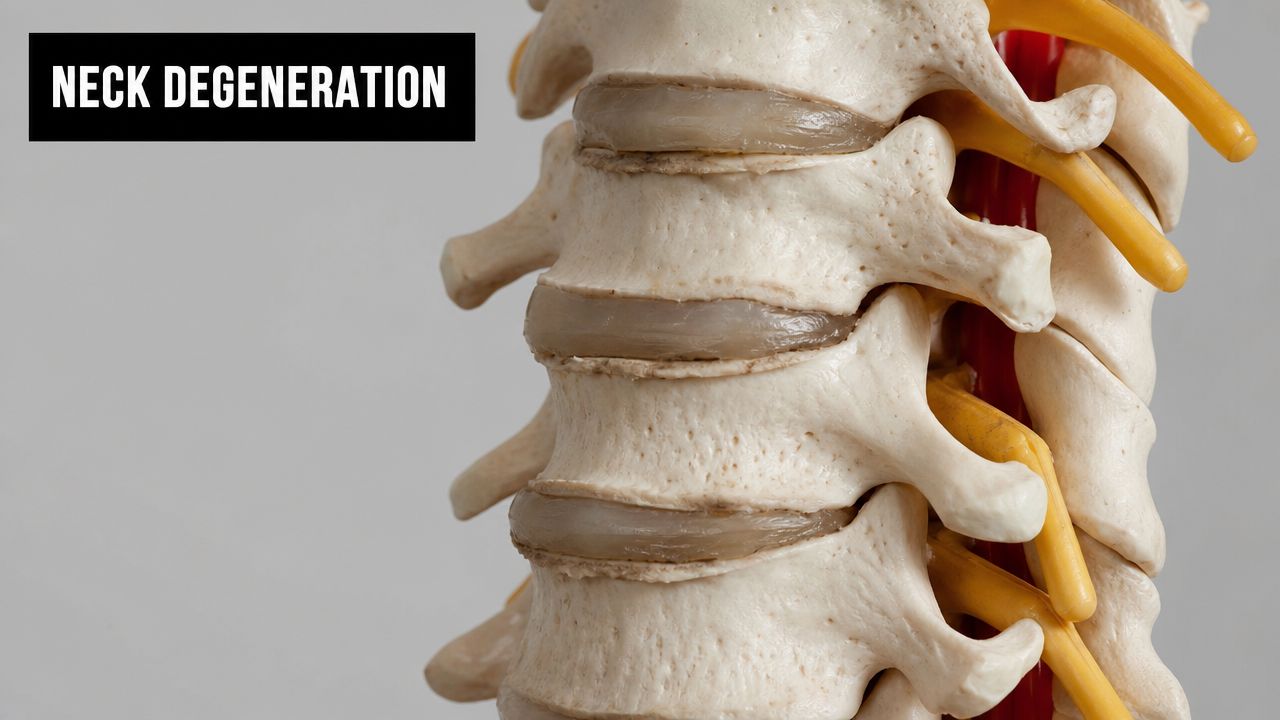 A close-up view of a cervical spine model demonstrating the structure of vertebrae and intervertebral discs.