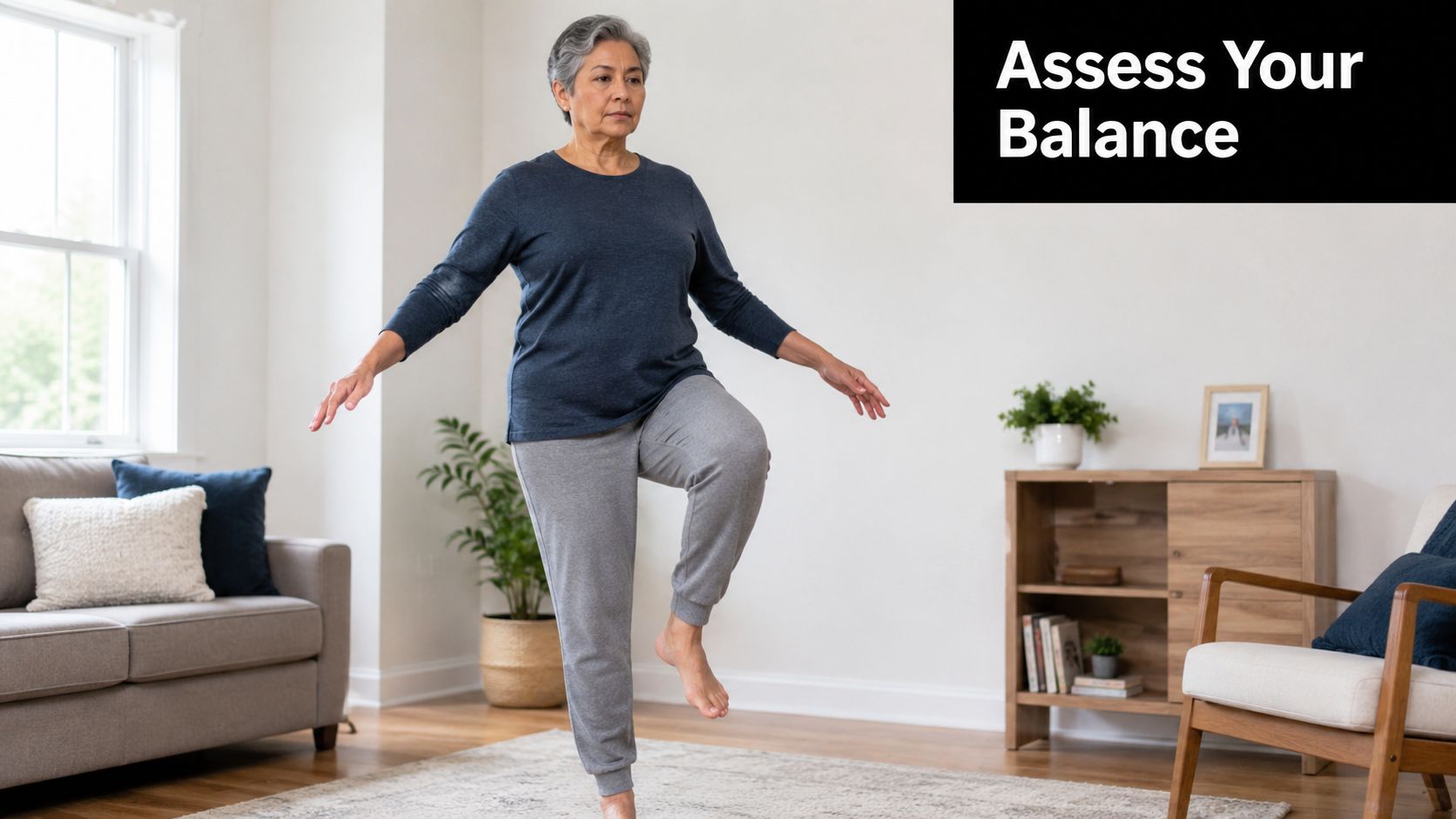 An older woman with grey hair balancing on one leg in a living room during exercise.