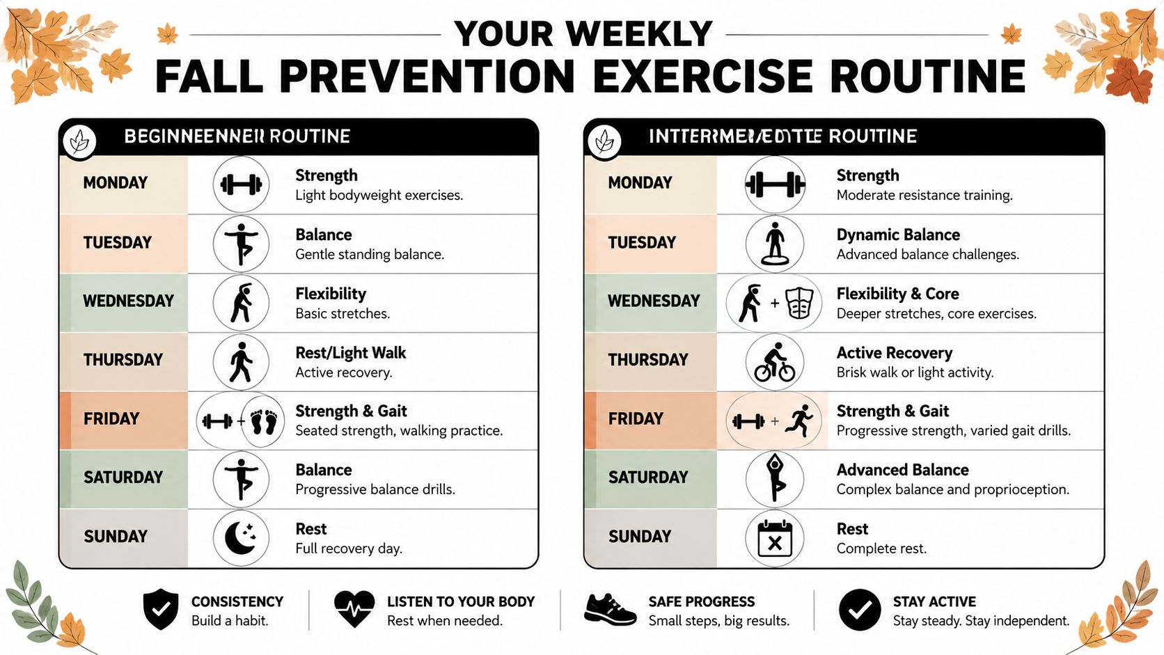 A weekly fall prevention exercise routine chart comparing beginner and intermediate fitness schedules for better mobility.