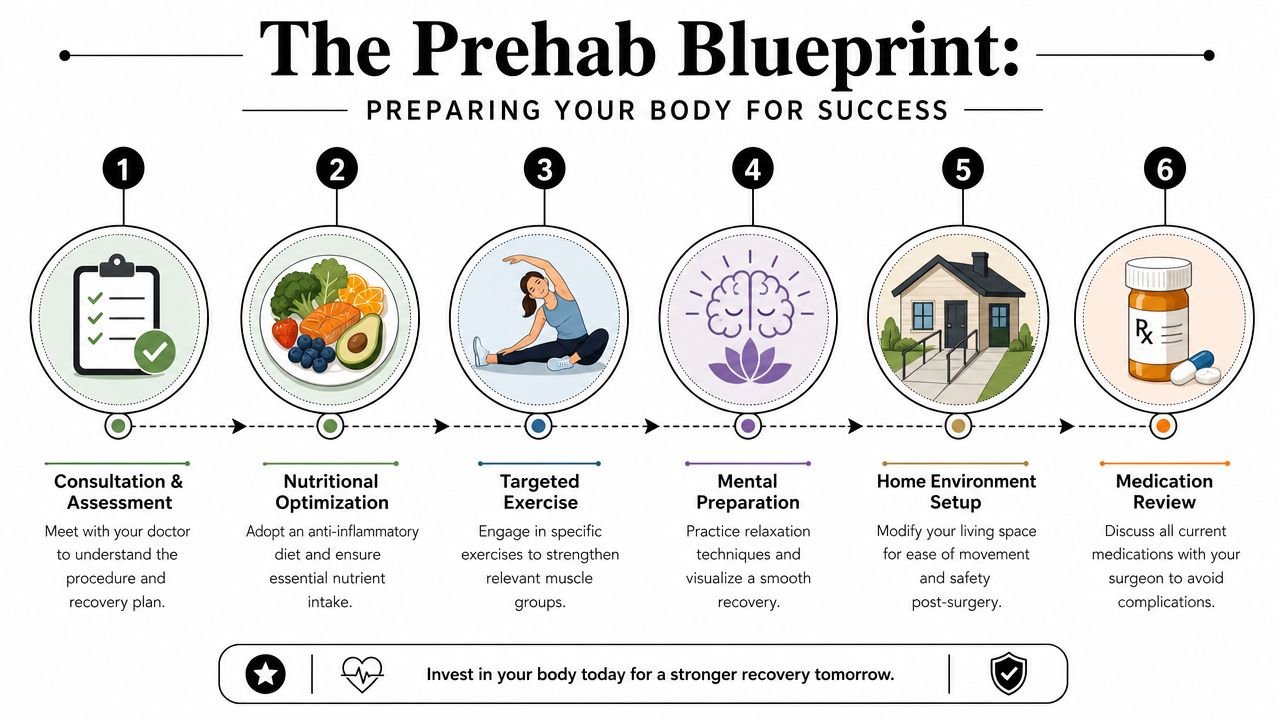 A six-step infographic titled The Prehab Blueprint, illustrating essential preparation steps for a successful surgery recovery.