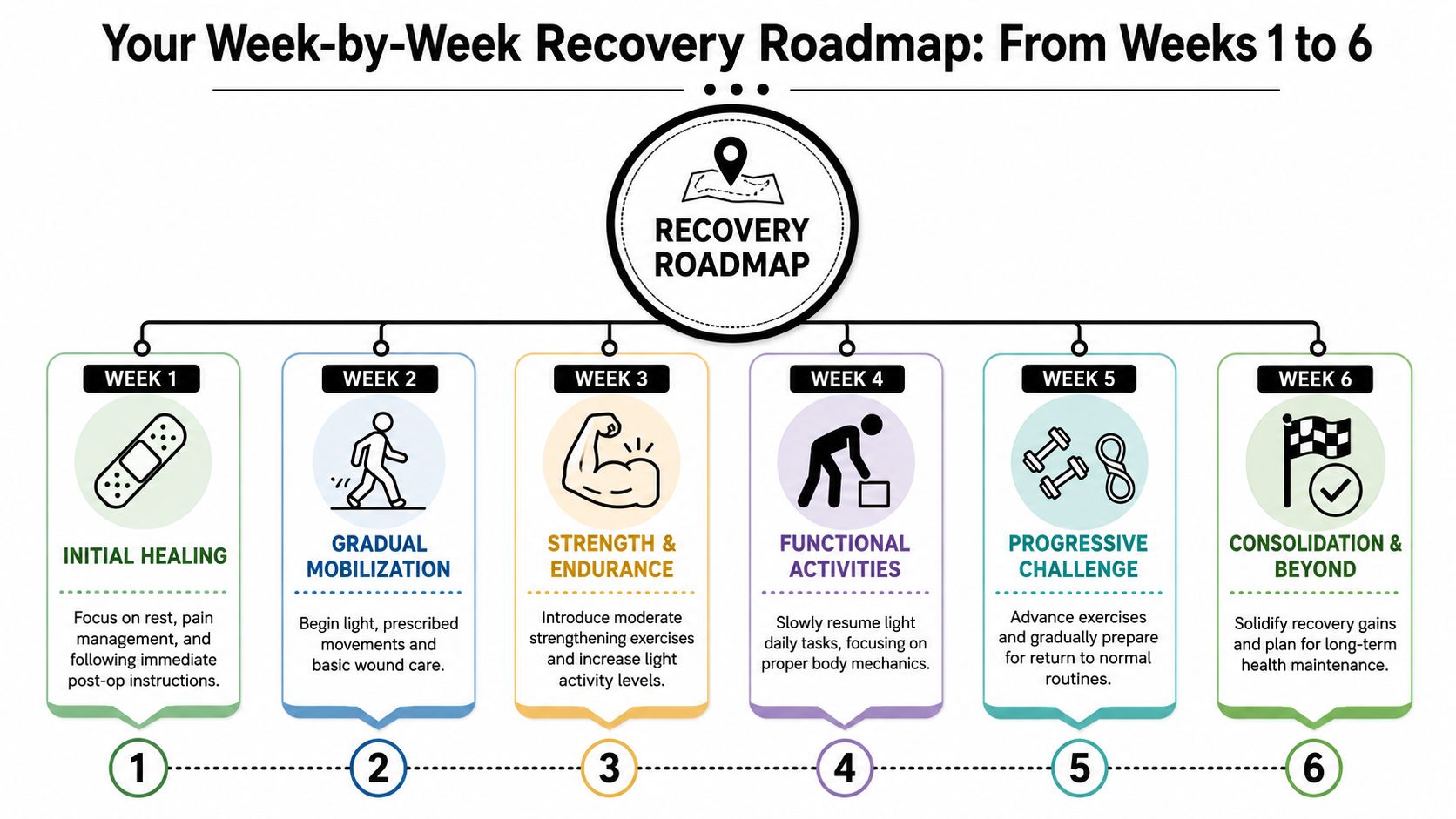 A six-week recovery roadmap infographic showing steps from initial post-operative healing to functional activities and long-term maintenance.