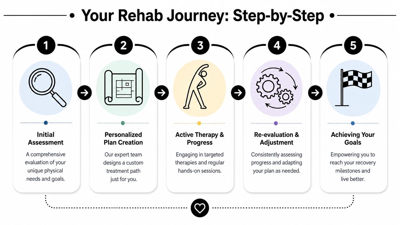 A five-step infographic showing the rehab journey, from initial assessment to achieving recovery goals.