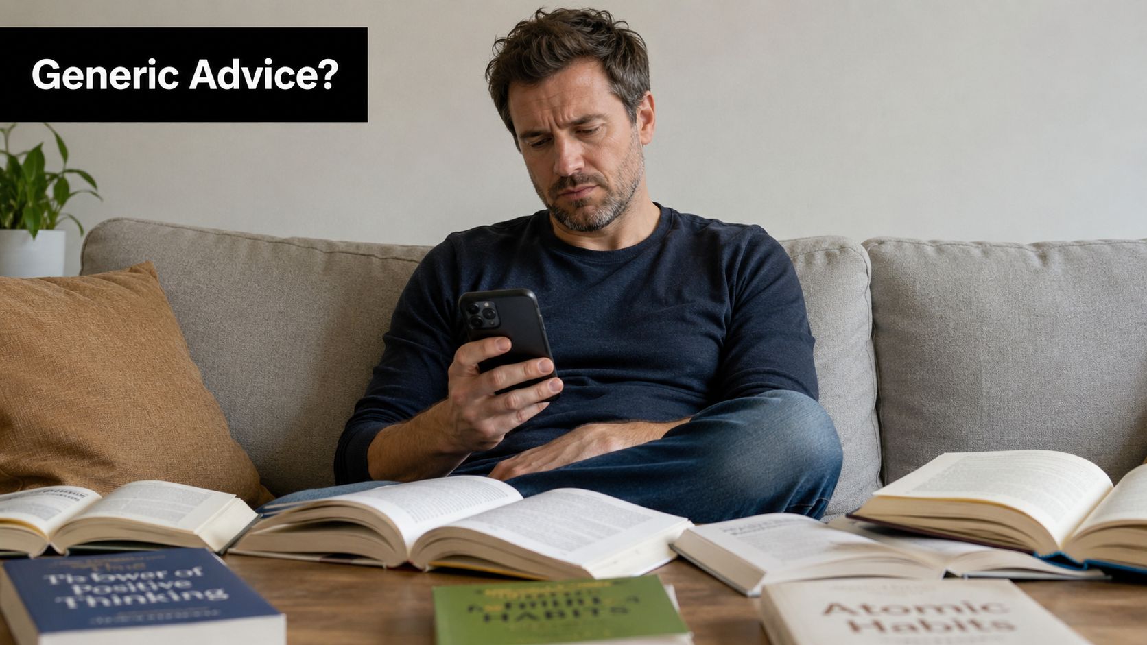 A man sitting on a couch reading multiple self-help books while looking at his smartphone.