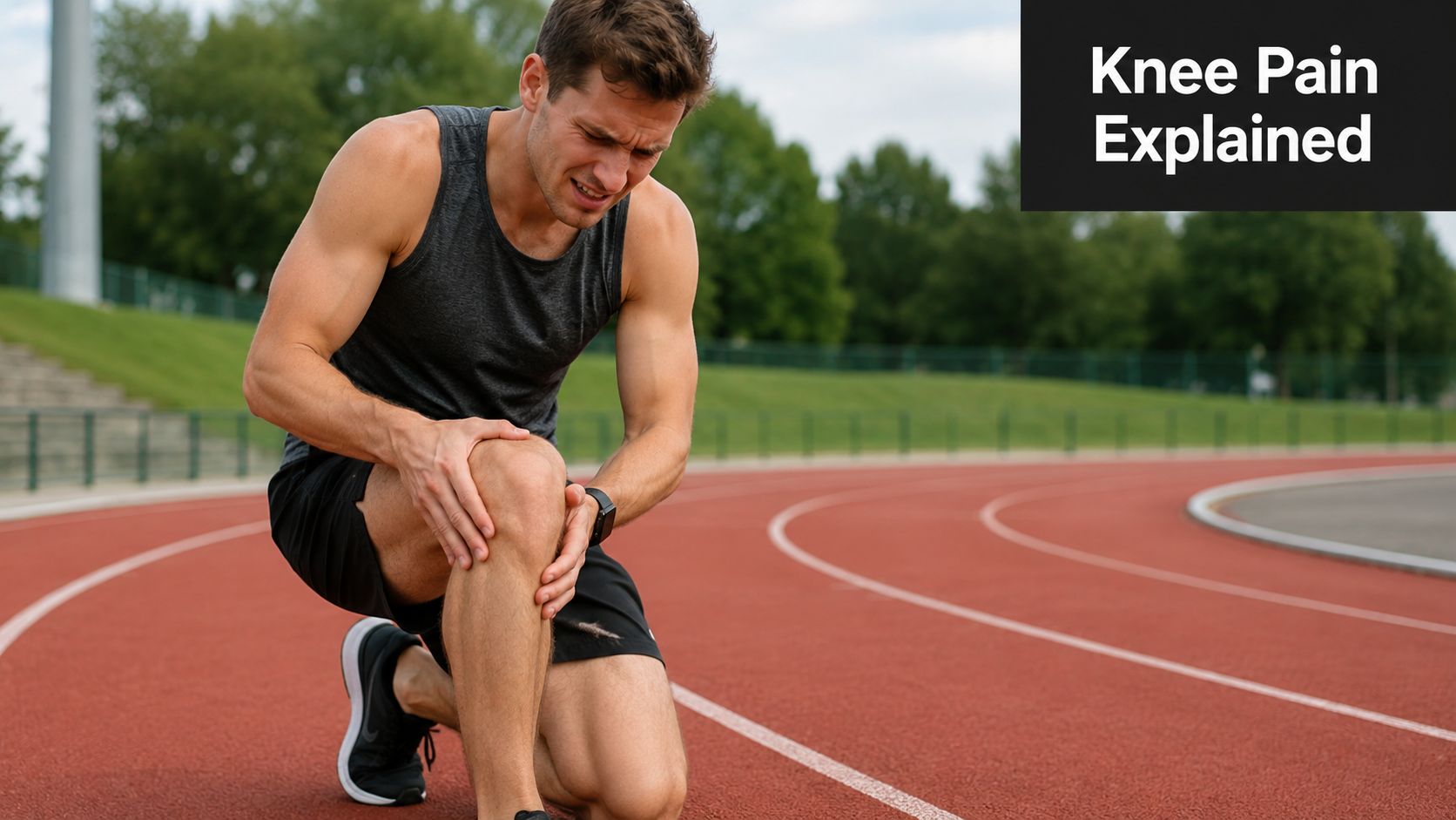 A young male athlete on a running track holding his knee in pain, suggesting a sports injury.