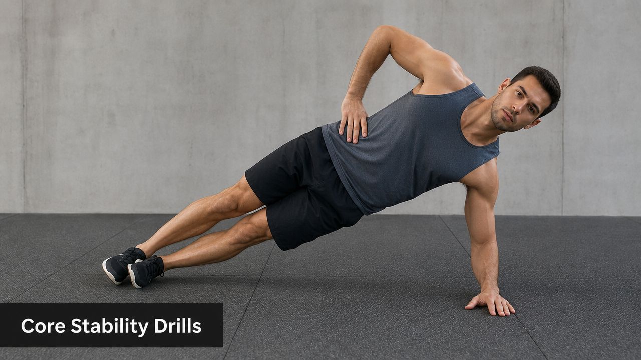 A fit man performing a side plank exercise on a mat to improve core stability and strength.
