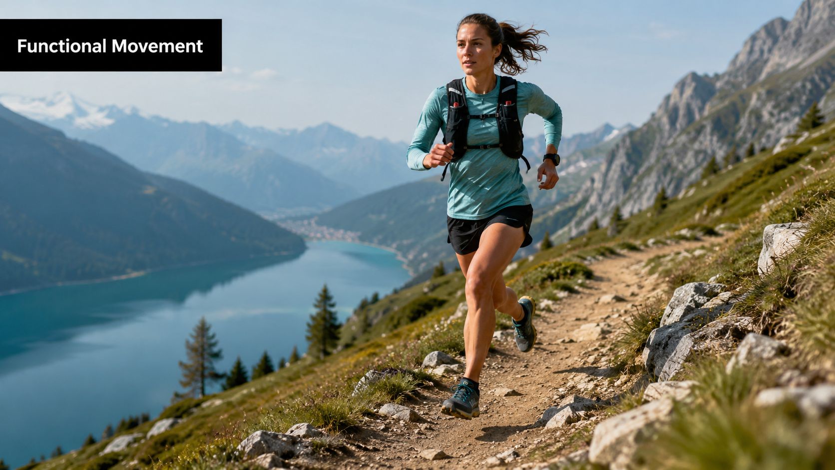 A fit woman trail running on a mountainous path near a lake for functional movement training.