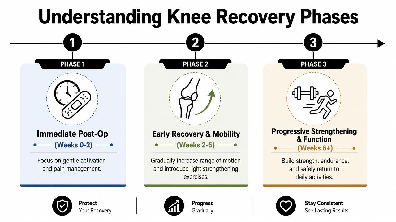 A visual guide outlining three phases of knee recovery, including timelines, focus areas, and daily advice.