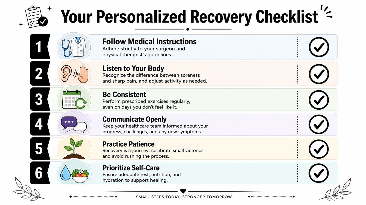A six-step checklist for personalized patient recovery, including medical adherence, consistency, and self-care tips for healing.