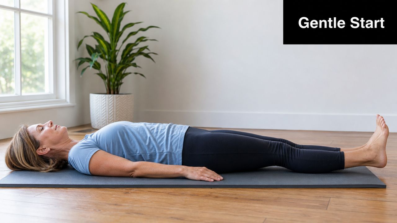 A woman lying flat on her back on a yoga mat during knee surgery recovery physical therapy.