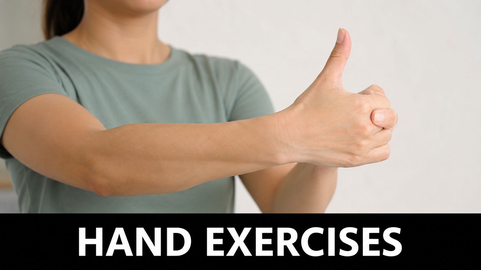 A woman demonstrating a thumb exercise with her hand held in a thumbs-up position.