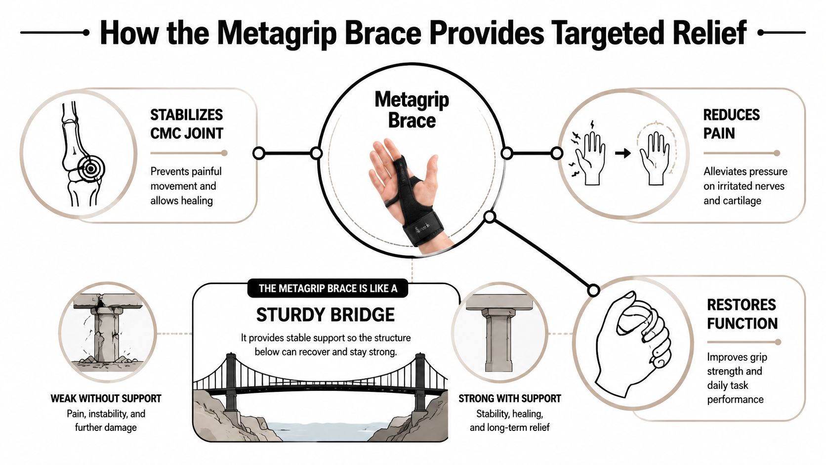 An infographic showing how the Metagrip thumb brace provides stabilization, pain relief, and functional support for patients.