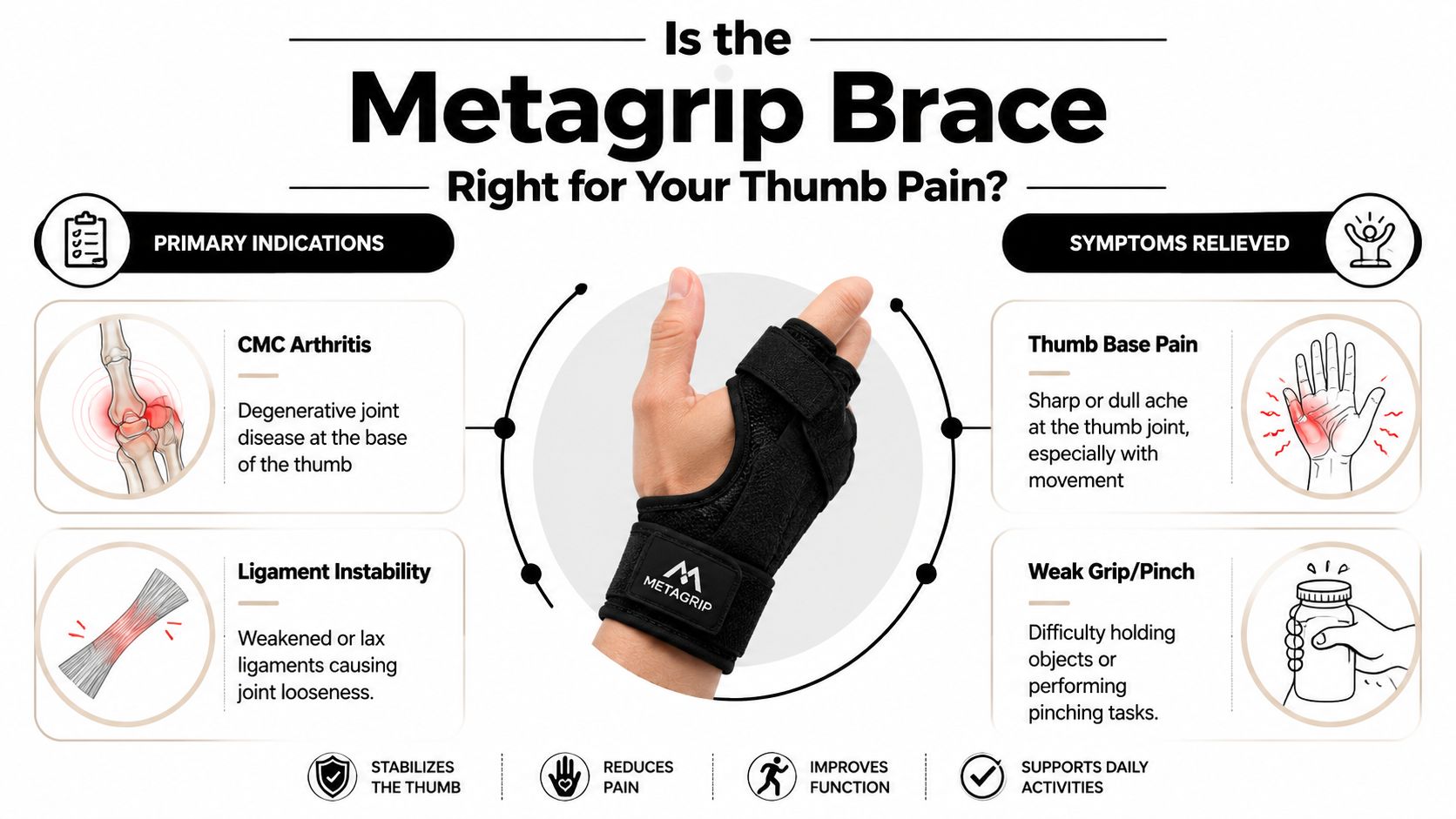 A product infographic for the Metagrip thumb brace, highlighting its medical uses and benefits for pain relief.