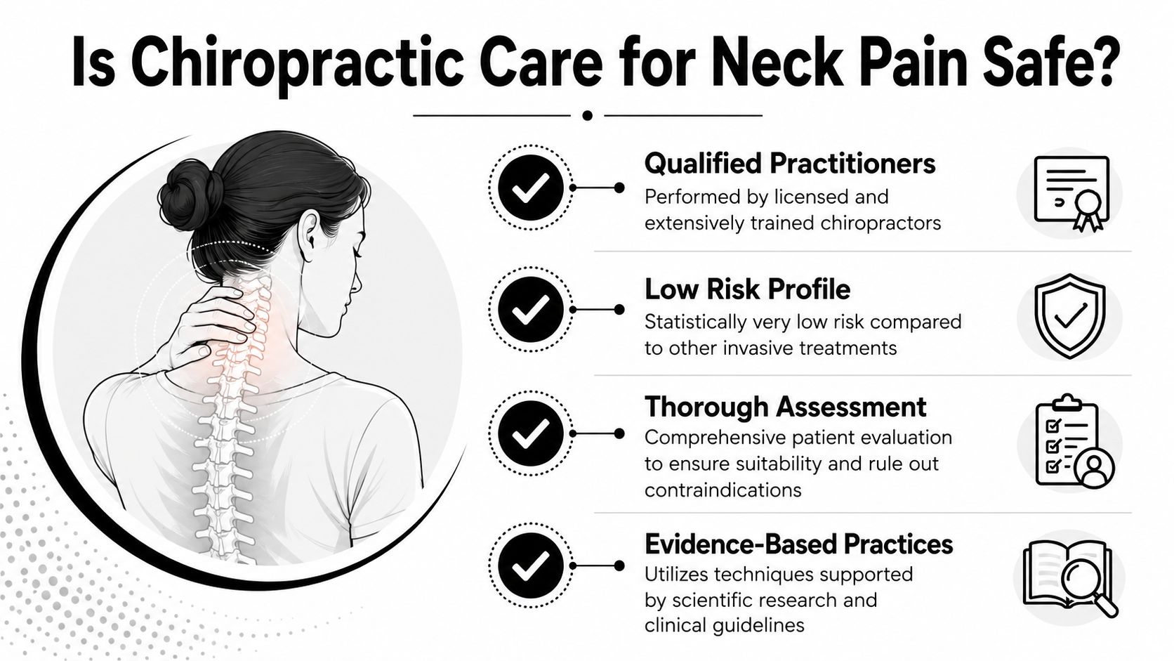 An infographic titled Is Chiropractic Care for Neck Pain Safe listing reasons why it is.