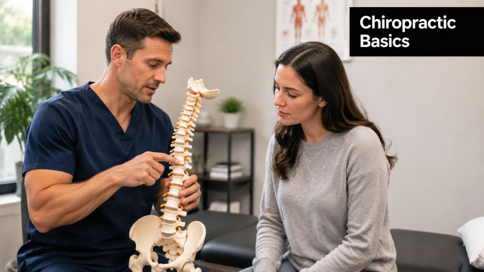 A chiropractor in blue scrubs explains spinal anatomy to a female patient using a skeletal model.
