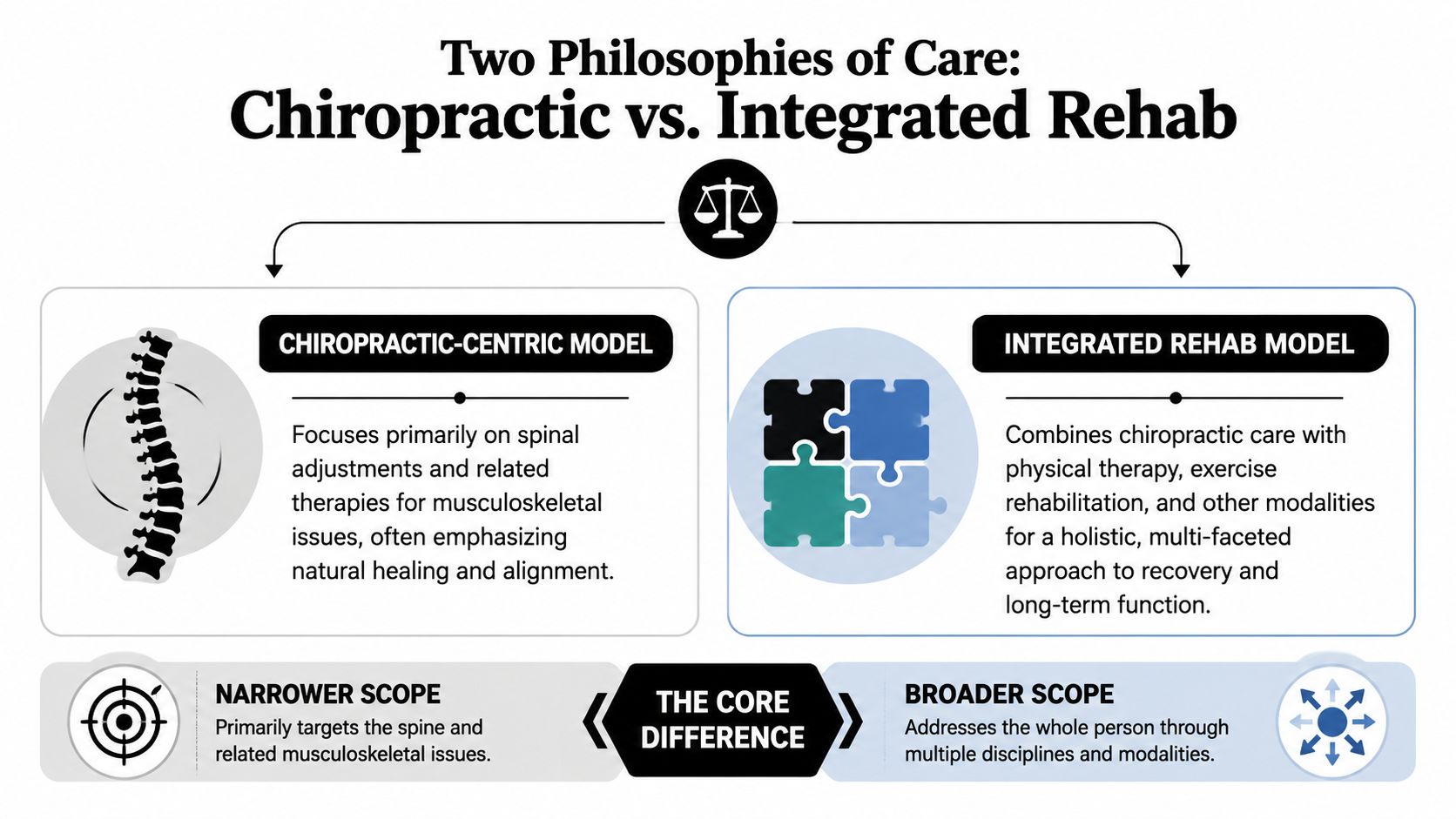 A comparison infographic between the Chiropractic-centric model and the Integrated Rehab model for patient care.