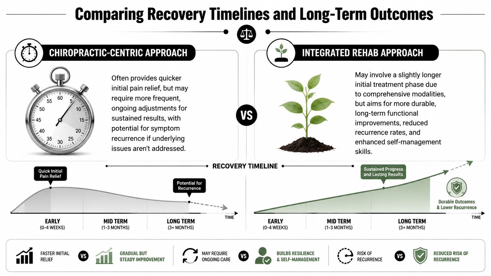 A comparison chart showing recovery timelines and long-term outcomes between chiropractic-centric and integrated rehab treatment approaches.