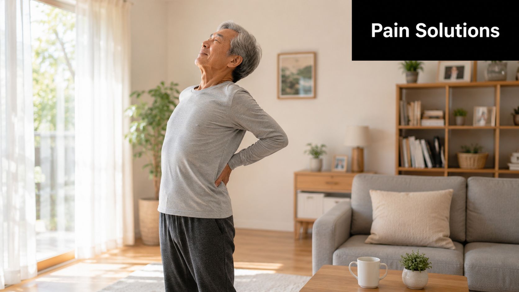 An elderly Asian man stretching his back while standing in a bright and cozy living room.