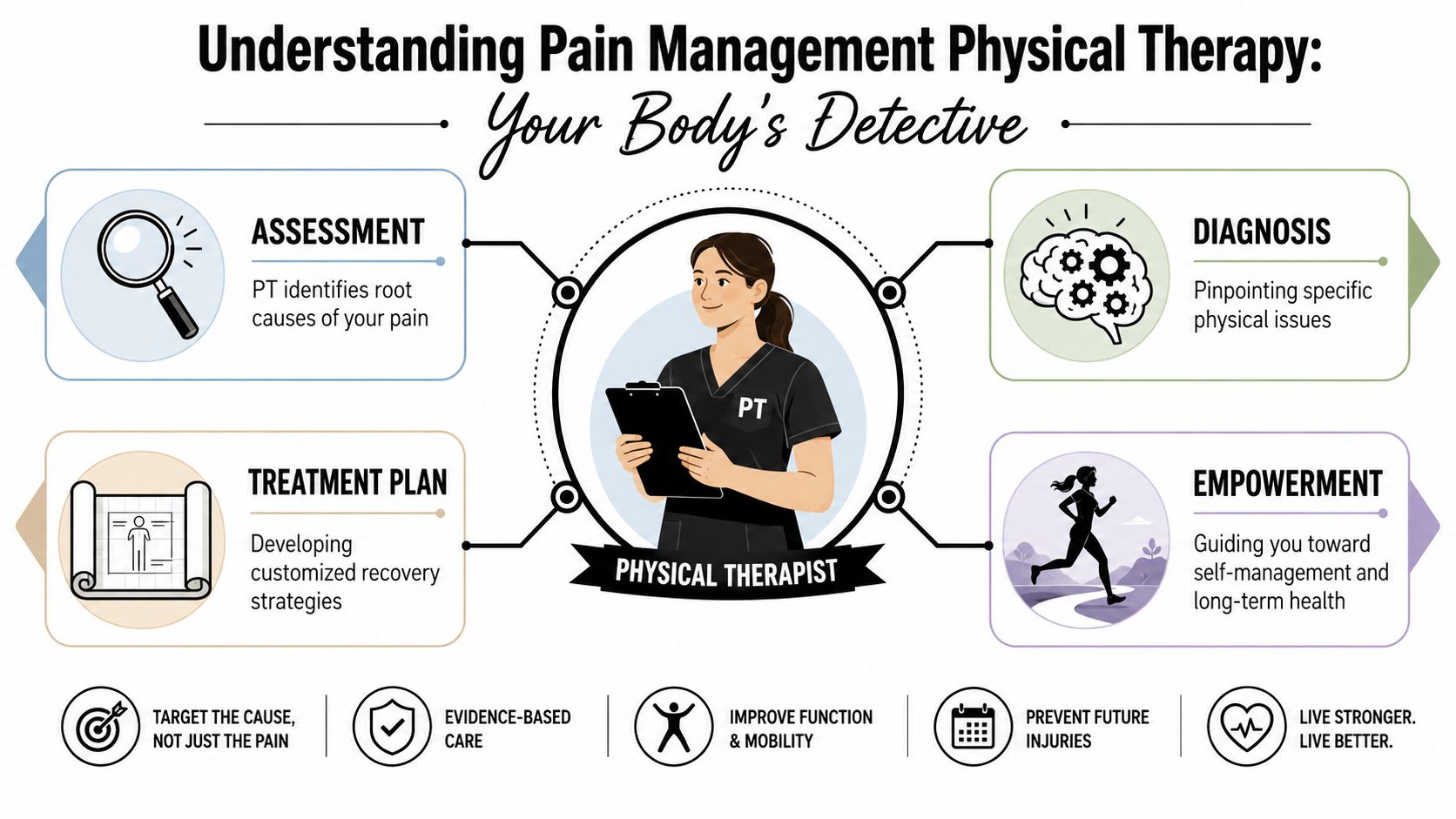 An infographic titled Understanding Pain Management Physical Therapy, explaining the professional role of a physical therapist.