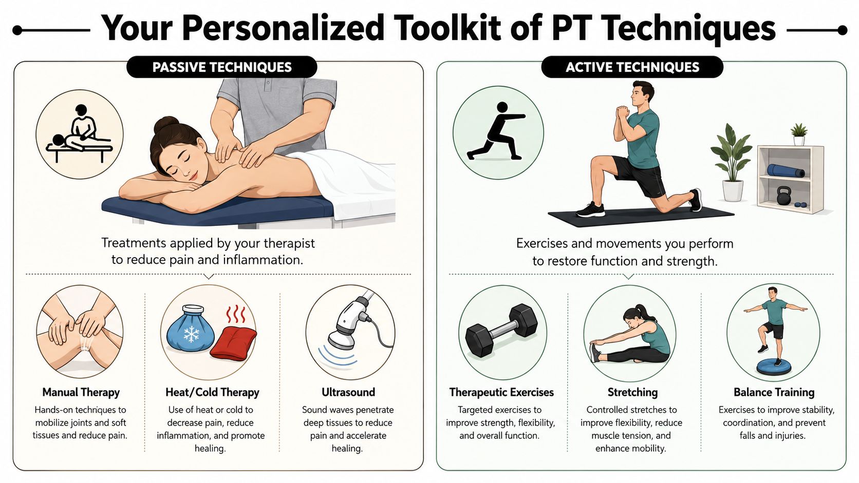 An infographic illustrating various passive and active physical therapy techniques used for pain management and rehabilitation.