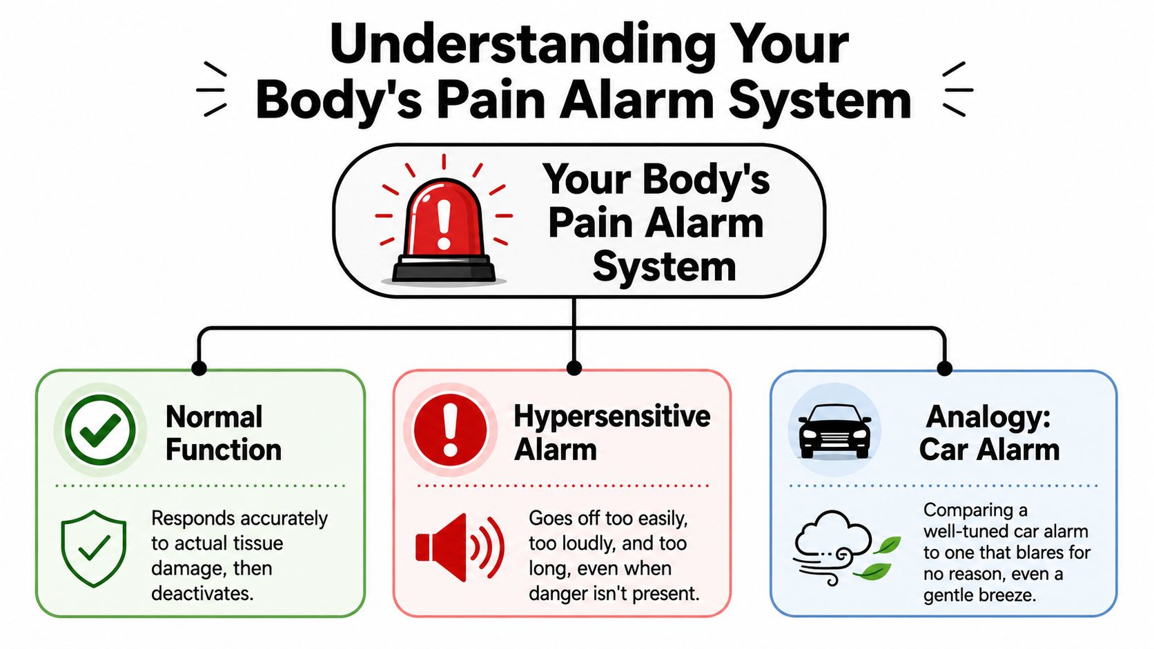 A diagram explaining how a body's pain alarm system functions normally compared to a hypersensitive alarm state.