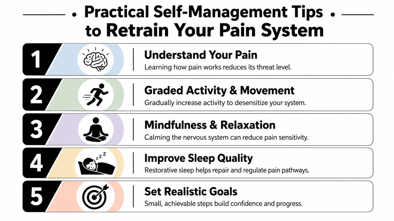 A list of five practical self-management tips for retraining the pain system to improve overall well-being.